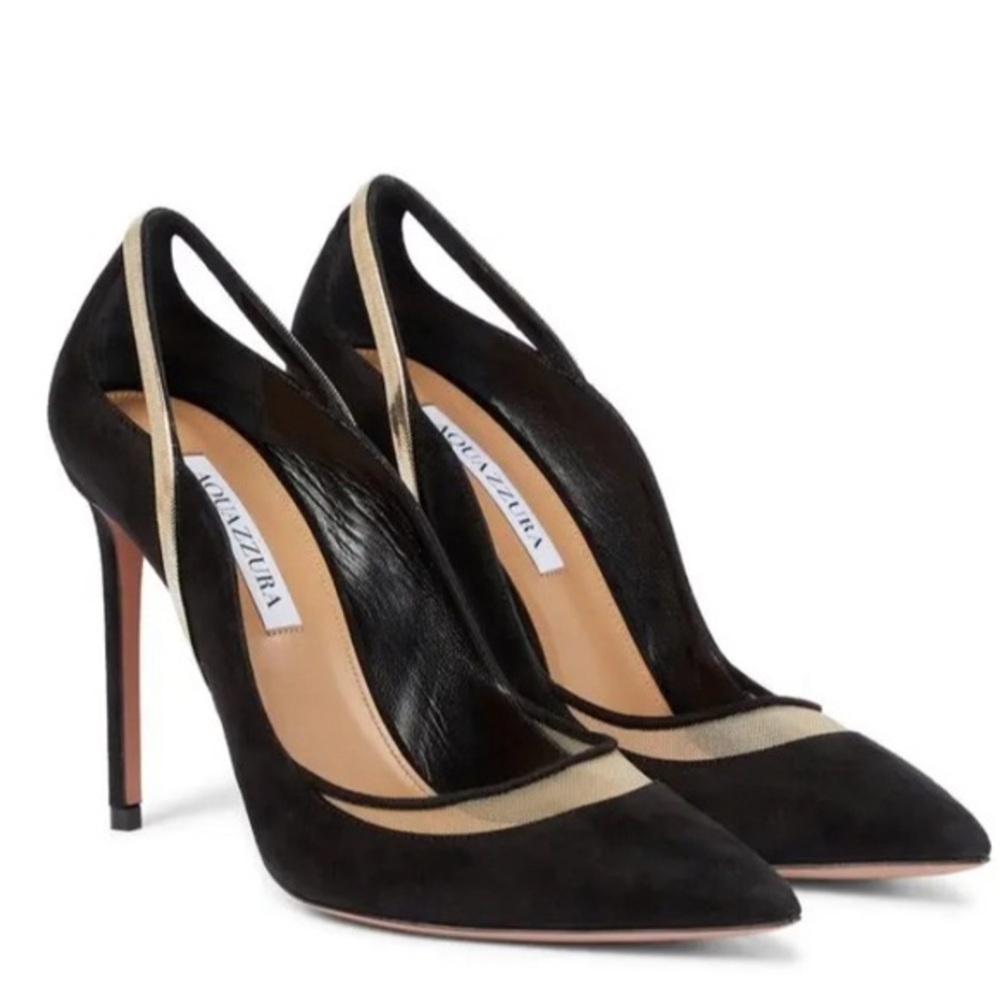 Aquazzura Soiree Pump 105 Black Suede Gold Chain Heels Size 37 / 7.5